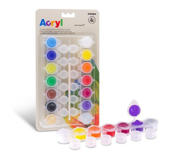 აკრილის საღებავი Plastic strips with 14 pots 4,5 ml of fine acrylic paint. Blister with brush. 161TA14BL PRIMO აკრილის საღებავი Plastic strips with 14 pots 4,5 ml of fine acrylic paint. Blister with brush. 161TA14BL PRIMO