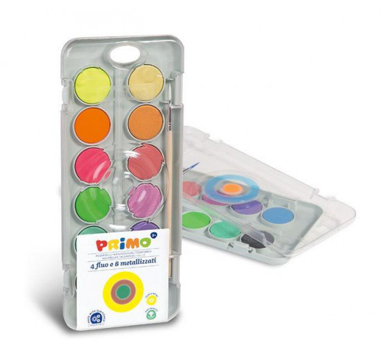 აკვარელი115A12FM 12 special watercolour 30 mm. 8 metallic and 4 fluo colours PRIMO აკვარელი115A12FM 12 special watercolour 30 mm. 8 metallic and 4 fluo colours PRIMO