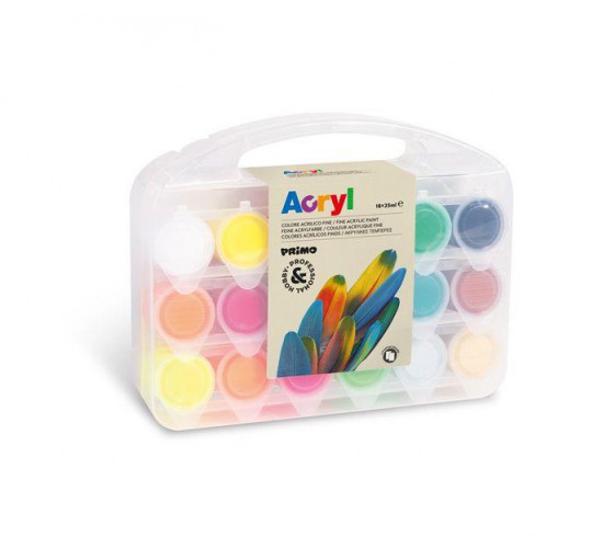 აკრილის საღებავი PP case containing 18 pots x 25 ml of acrylic paint + 2 canvas boards. 416TB18ASP PRIMO აკრილის საღებავი PP case containing 18 pots x 25 ml of acrylic paint + 2 canvas boards. 416TB18ASP PRIMO